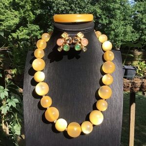 Vintage Joan Rivers moonglow necklace earring bangle SET large beads, signed